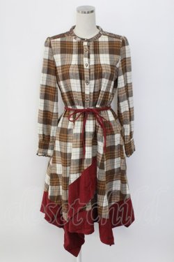 画像1: axes femme / ハイネックチェック長袖ワンピース  ブラウン T-25-12-18-025-AX-OP-SA-ZT