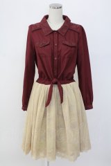 axes femme / チュール切り替えシャツワンピース  ボルドーＸ生成り T-25-12-18-026-AX-OP-SA-ZT