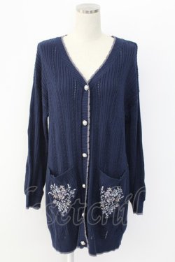 画像1: axes femme / 花刺繍ロングニットカーデ  ネイビー T-25-12-18-004-AX-TO-SA-ZT