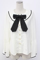 Amavel / ストライプリボン襟ブラウス  白Ｘ黒 T-25-12-18-008-CA-BL-SA-ZT