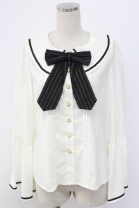 Amavel / ストライプリボン襟ブラウス  白Ｘ黒 T-25-12-18-008-CA-BL-SA-ZT