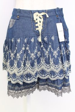 画像1: axes femme / 編み上げ&刺繍デニムスカート L インディゴ T-25-12-25-031-AX-SK-SA-ZT