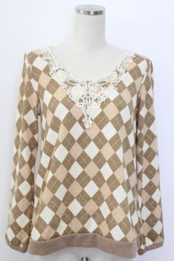 画像1: axes femme / アーガイルニットトップス  アイボリーＸベージュ T-25-12-27-002-AX-TO-SA-ZT