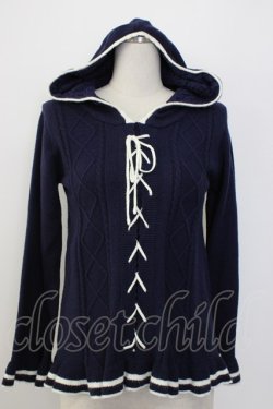 画像1: axes femme / フロント編み上げニットフードトップス  紺Ｘ白 T-26-01-08-002-AX-TO-SA-ZT