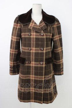 画像1: axes femme / 別珍襟チェックコート M ブラウン T-26-01-18-018-AX-CO-SA-ZT