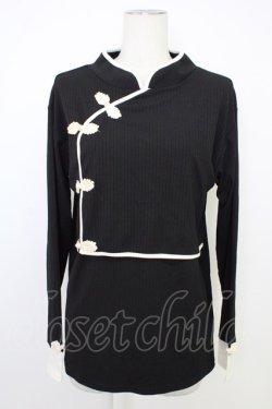 画像1: axes femme / チャイナボタンリブトップス  ブラック T-26-02-01-007-AX-TO-SA-ZT