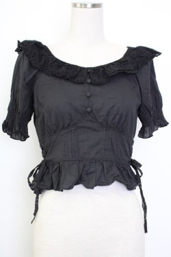 画像1: axes femme POETIQUE / コットンレース襟半袖トップス  黒 T-26-02-02-006-AX-TO-SA-ZT