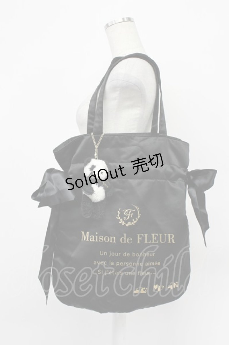 画像1: Maison de FLEUR / パンダチャーム付きダブルリボントートバッグ  黒 T-26-03-02-031-LO-BG-SA-ZTK046 (1)