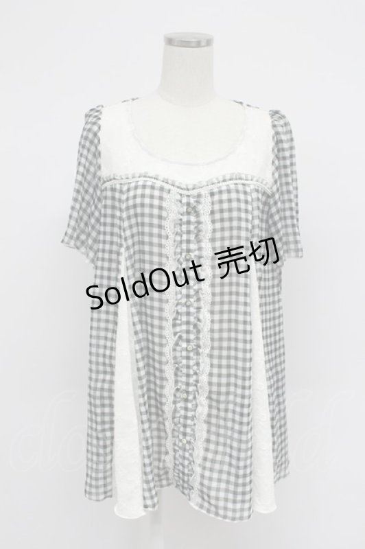 画像1: axes femme / ギンガムチェック切替シフォンブラウス風トップス  黒Ｘ白 T-26-03-07-036-AX-BL-SA-ZT638 (1)
