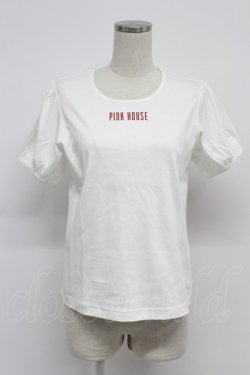 画像1: PINK HOUSE / ロゴ入りパフスリーブカットソー  白Ｘ赤 T-26-03-07-010-LO-TO-SA-ZT