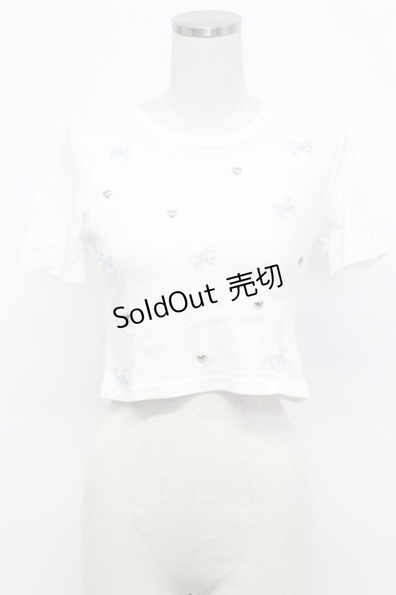 画像1: Ank Rouge / ハート&リボンビジュー半袖カットソー  白ＸシルバーＸサックス T-26-03-15-001-CA-TO-SA-ZT542 (1)