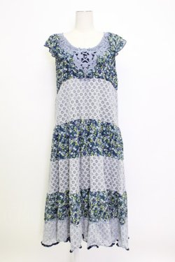 画像1: axes femme / 花柄レース切替ロングワンピース M ブルー T-26-03-15-024-AX-OP-SA-ZT