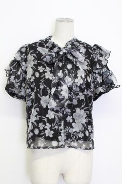 画像1: evelyn / フラワーハイネックリボンタイ半袖ブラウス  黒Ｘグレー T-26-03-15-014-LO-BL-SA-ZT