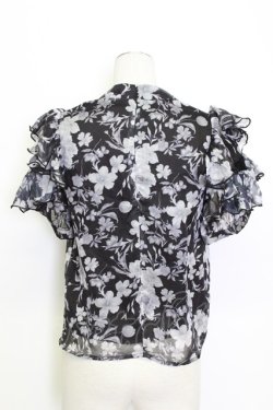 画像2: evelyn / フラワーハイネックリボンタイ半袖ブラウス  黒Ｘグレー T-26-03-15-014-LO-BL-SA-ZT