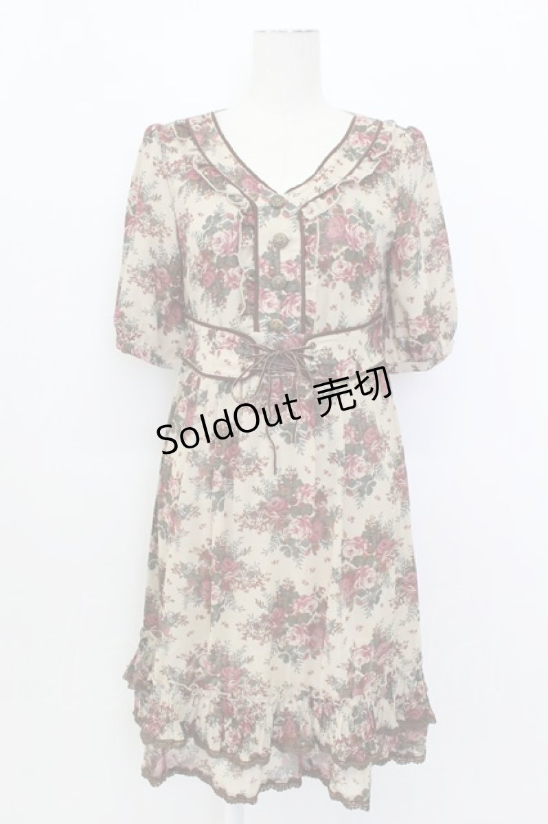 画像1: axes femme / 薔薇ブーケプリントウエストベルトデザインワンピース  ベージュ T-26-03-17-029-AX-OP-SA-ZT650 (1)