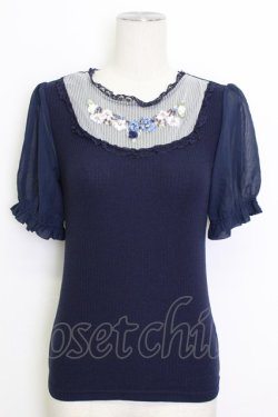 画像1: axes femme POETIQUE / ブーケリボン刺繍リブプルオーバー M ブルー T-26-03-17-014-AX-TO-SA-ZT