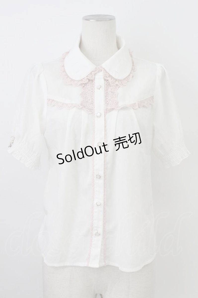 画像1: axes femme POETIQUE / はしごリボン襟半袖ブラウス  アイボリーＸピンク T-26-03-17-003-AX-BL-SA-ZT (1)