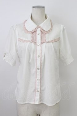 画像1: axes femme POETIQUE / はしごリボン襟半袖ブラウス  アイボリーＸピンク T-26-03-17-003-AX-BL-SA-ZT