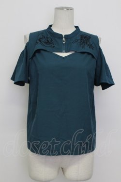 画像1: axes femme POETIQUE / ダークマリン肩開き刺繍ブラウス M ブルーグリーン T-26-03-23-011-AX-BL-SA-ZT