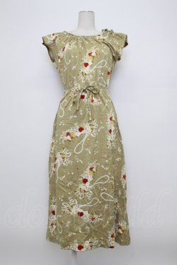 画像1: KANEKO ISAO / アクセサリー&フラワーpt襟元シャーリングワンピース  オリーブ T-26-03-23-015-EL-OP-SA-ZT