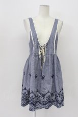 画像1: Ank Rouge / ギンガムチェック裾刺繍ミニワンピース M ネイビー T-26-04-03-028-CA-OP-SA-ZT540 (1)