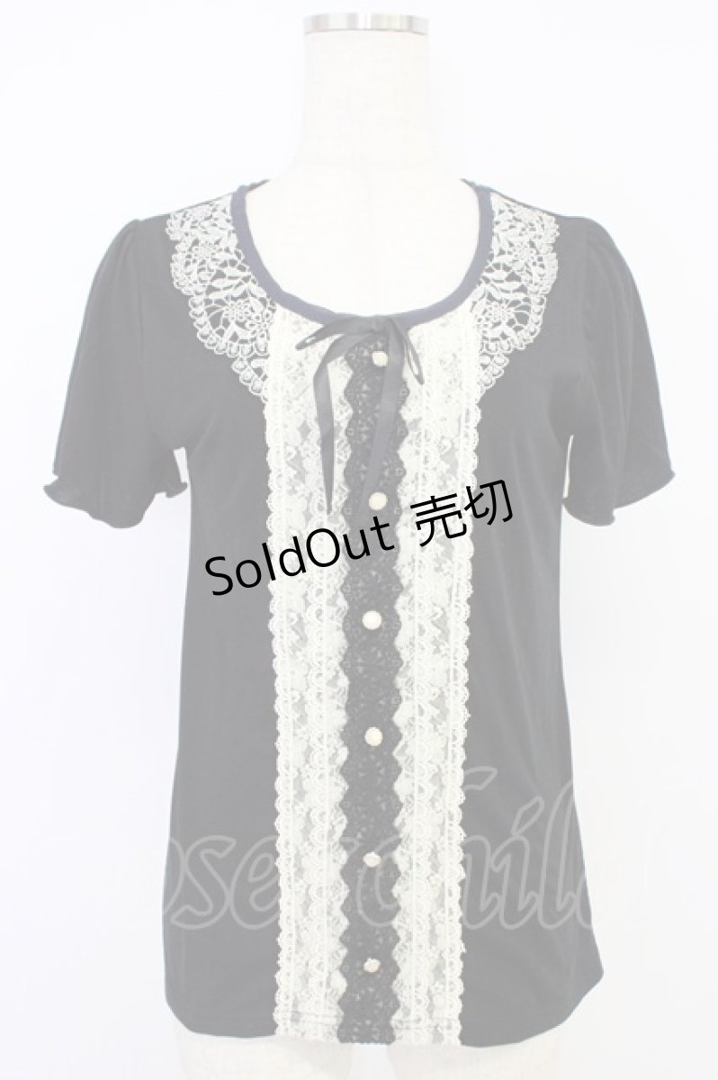 画像1: axes femme / 刺繍&レース半袖プルオーバー M ブラック T-26-04-10-012-AX-TO-SA-ZT (1)