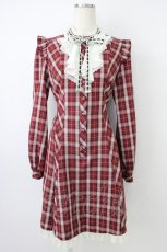 画像1: Secret Honey / チェック柄レースリボンワッフルワンピース  アカ T-26-04-28-019-CA-OP-OW-ZT (1)