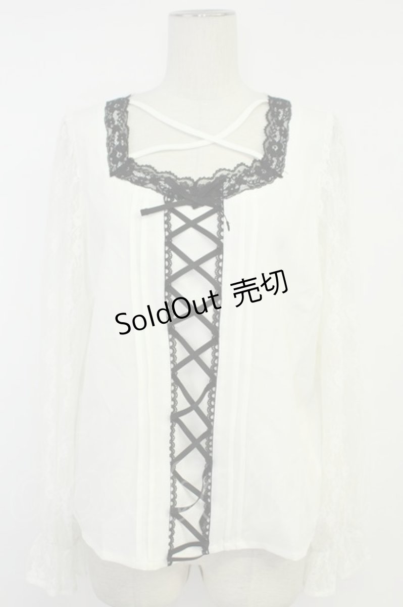 画像1: DearMyLove / フロントレースアップリボンブラウス 3L シロ×クロ T-26-05-09-009-GO-BL-OW-ZT672 (1)