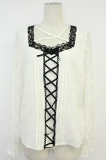 画像1: DearMyLove / フロントレースアップリボンブラウス 3L シロ×クロ T-26-05-09-009-GO-BL-OW-ZT (1)
