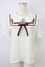 画像1: Amavel / チョコ刺繍スクエア衿プルオーバーブラウス  白Ｘブラウン T-26-06-04-002-CA-BL-SA-ZT (1)