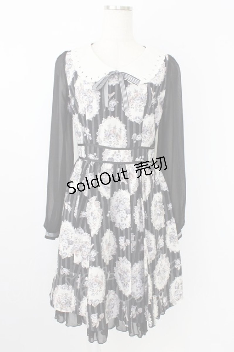 画像1: axes femme POETIQUE / 薔薇×ストライプ柄襟付きワンピース M 黒 T-26-08-12-024-AX-OP-TE-ZT730 (1)