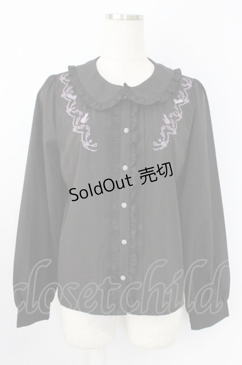 画像1: axes femme POETIQUE / キャットシルエット刺繍ブラウス M 黒 T-26-08-12-012-AX-BL-TE-ZH (1)
