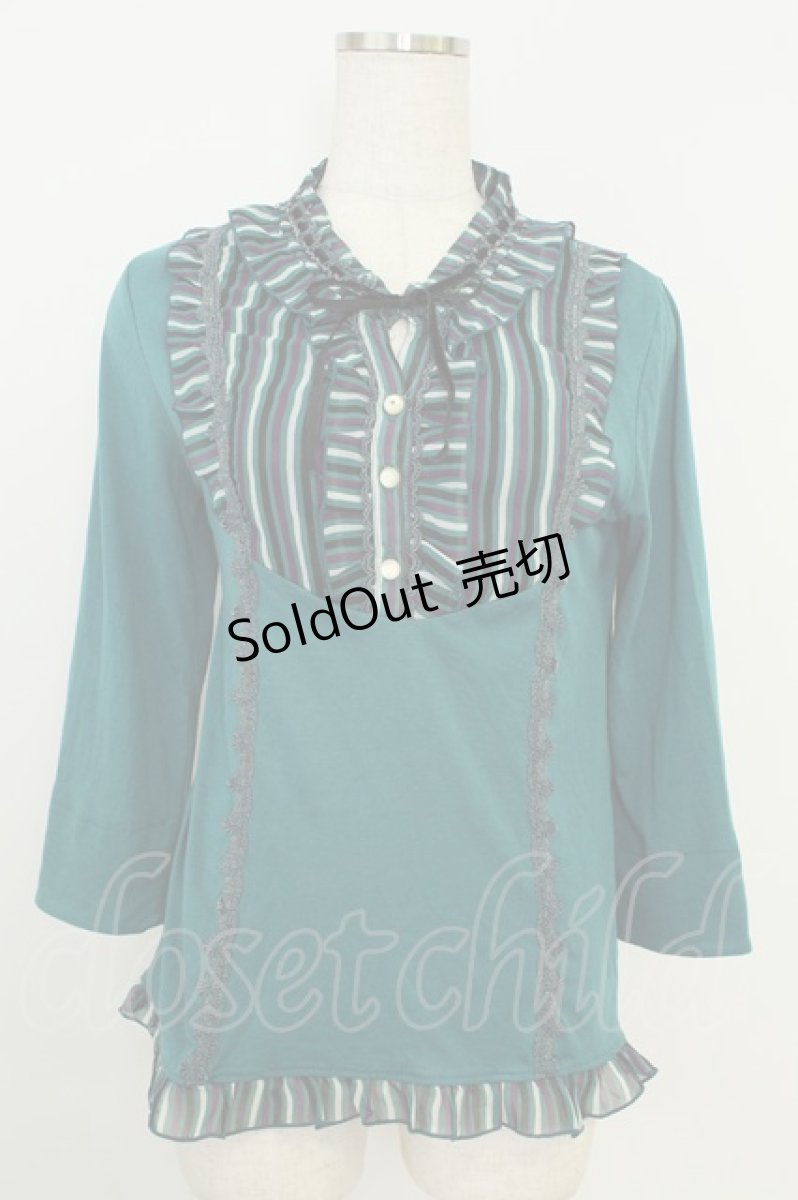 画像1: axes femme / ストライプシフォンラウンドブラウス風カットソー  グリーン T-26-08-19-012-AX-TO-SA-ZT327 (1)