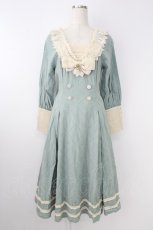 画像1: AURORA BOREALIS / リボンVレース長袖ワンピース M サックスＸアイボリー T-26-08-29-022-LO-OP-SA-ZT (1)