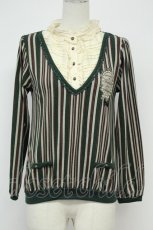 画像1: axes femme / ストライプカーデ重ねブラウス風トップス  緑ＸグレーＸアイボリー T-26-08-31-027-AX-TO-SA-ZT (1)