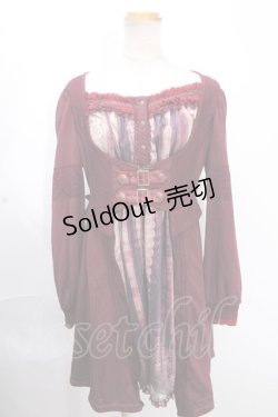 画像1: Ozz oneste / 重ね着風編上げプリントワンピース  ボルドー Y-24-12-09-069-OO-OP-SZ-ZS