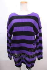 画像1: 【SALE】NieR CLOTHING / UNISEX STRIPE DAMAGE SWEATER F 黒×紫 Y-24-12-12-048-PU-TO-SZ-ZT095 (1)