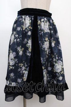 画像1: axes femme / ベロア×花柄ハギスカート  紺 Y-25-02-05-004-AX-SK-SZ-ZT198