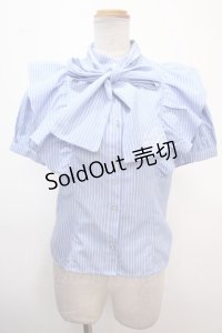 axes femme POETIQUE / ロゴ刺繍ボウタイブラウス M ブルー Y-25-02-13-065-AX-BL-SZ-OS