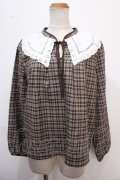 axes femme POETIQUE / レース襟チェックレトロブラウス M 茶 Y-25-02-13-076-AX-BL-SZ-ZT069