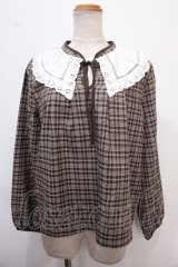 axes femme POETIQUE / レース襟チェックレトロブラウス M 茶 Y-25-02-13-076-AX-BL-SZ-ZT069