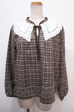 画像1: axes femme POETIQUE / レース襟チェックレトロブラウス M 茶 Y-25-02-13-076-AX-BL-SZ-ZT069