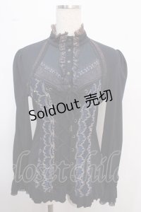 Ozz oneste / 編み上げフリル袖トップス  紺 Y-25-02-21-121-OO-TO-SZ-ZS