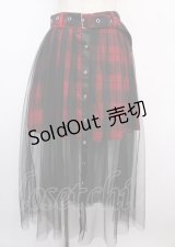 LISTEN FLAVOR / ベルト付きフロントスナップチュールマキシスカート F レッド×ブラック Y-25-02-21-206-PU-SK-SZ-ZS