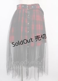 LISTEN FLAVOR / ベルト付きフロントスナップチュールマキシスカート F レッド×ブラック Y-25-02-21-206-PU-SK-SZ-ZS