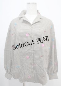 jouetie / 花刺繍千鳥柄シャツ  ブラウン Y-25-03-04-095-EL-BL-SZ-ZY