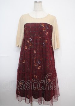 画像1: axes femme / チュール重ね花柄ワンピース M ワイン Y-25-03-07-100-AX-OP-SZ-ZI