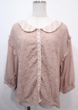 axes femme / 七分丈フロント刺繍ブラウス M 淡ピンク Y-25-03-26-073-AX-BL-SZ-ZT436