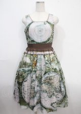 axes femme Nostalgic / ヴィンテージマップ柄ワンピース M 茶 Y-25-03-26-134-LO-OP-SZ-OS