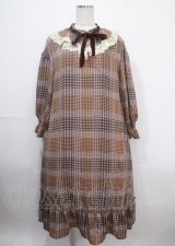 axes femme / チェックプリントロングワンピ M 茶 Y-25-03-26-142-AX-OP-SZ-ZT104